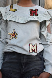 Grey O Neck ruffle Print Patchwork Print Long Sleeve Sweats & Hoodies