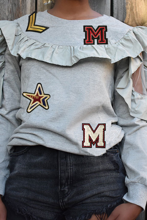 Grey O Neck ruffle Print Patchwork Print Long Sleeve Sweats & Hoodies