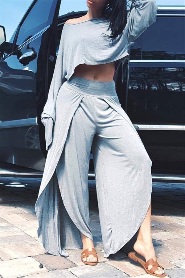 Grey Fashion Casual Solid Patchwork Slit Oblique Collar Long Sleeve Two Pieces