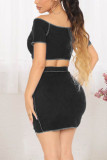 Black Sexy Solid Hollowed Out Patchwork Frenulum Off the Shoulder Short Sleeve Two Pieces