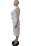 White Sexy Solid Flounce Halter Straight Dresses