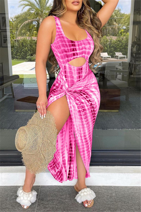 Rose Red Fashion Sexy Print Hollowed Out Boat Neck Sleeveless Two Pieces Swimwears