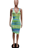 Rose Red Sexy Print Patchwork Asymmetrical V Neck Pencil Skirt Dresses