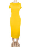 Cyan Fashion Casual White Red Black Orange Yellow Cyan Cap Sleeve Short Sleeves O neck Pencil Dress Mid-Calf Solid Dresses