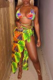 Orange Sexy Print Backless Swimwears Three-piece Set