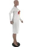 White O Neck Nine Sleeves Print Lips Print Zippered Split Tees & T-shirts