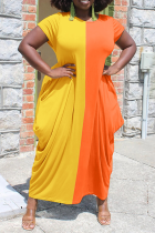 Yellow Casual Solid Patchwork O Neck Straight Dresses