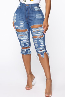 Blue Denim Button Fly Mid Patchwork Solid Hole washing Old Straight Capris Bottoms
