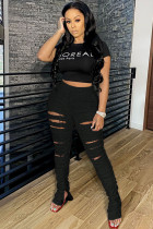 Black Drawstring Sleeveless Mid Patchwork Split Solid Hole Boot Cut Pants