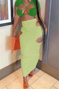 Green Fashion Sexy Solid Hollowed Out V Neck Short Sleeve Two Pieces