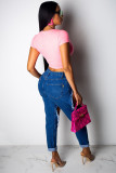 Dark Blue Denim Button Fly Sleeveless High Hole Patchwork Solid pencil Pants Pants
