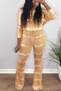 Khaki Casual street Print Striped bandage Milk. Long Sleeve one word collar Jumpsuits