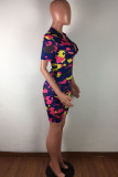 Red Casual Print Zippered Patchwork Short Sleeve Two Pieces