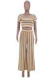 Blue White Fashion Casual Striped Print Basic O Neck Short Sleeve Two Pieces