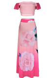 Pink Sexy Print Flounce Off the Shoulder Short Sleeve Two Pieces