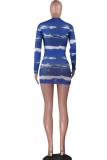 Blue Sexy adult Fashion Cap Sleeve Long Sleeves O neck Step Skirt Mini Print Mesh