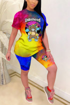 Orange Fashion Casual adult Patchwork Print Character Two Piece Suits Straight Short Sleeve Two Pieces