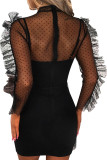 Black Network Sexy Patchwork Solid Hip skirt Long Sleeve Two-Piece Dress