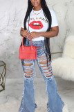 Light Blue Zipper Fly High Hole Boot Cut Pants Bottoms