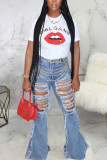 Light Blue Zipper Fly High Hole Boot Cut Pants Bottoms