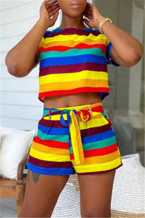 Yellow Fashion Casual Striped Print Basic O Neck Short Sleeve Two Pieces