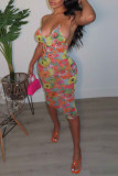 Light Green Fashion Sexy Print Backless Spaghetti Strap Sleeveless Dress