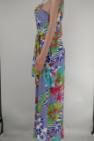 Colorful Blue Sexy Print Patchwork Spaghetti Strap Straight Dresses