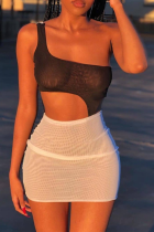 Black White Sexy Solid Mesh One Shoulder Pencil Skirt Dresses