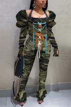 Army Green Sexy Casual Camouflage Print Strap Design Square Collar Long Sleeve Two Pieces