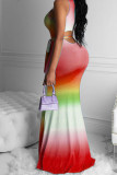 purple Sexy Tank Sleeveless Swagger Floor-Length Print Ombre Dresses
