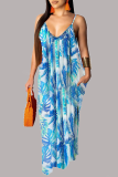 Blue Sexy Print Patchwork Spaghetti Strap Straight Dresses