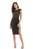 Black Fashion Sleeveless O neck Slim Dress Knee-Length diamonds split 