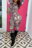 Khaki Sexy Print Patchwork Zipper Collar Skinny Jumpsuits