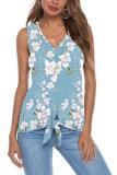 Light Blue V Neck Sleeveless asymmetrical Print Button Floral Sweaters & Cardigans
