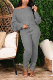 Grey Fashion Solid Patchwork One Shoulder Long Sleeve Two Pieces