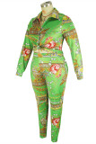Green Fashion Casual Print Cardigan Turndown Collar Plus Size Two Pieces