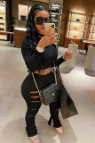 Black Drawstring Sleeveless Mid Patchwork Split Solid Hole Boot Cut Pants