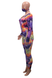 Multicolor Street Patchwork Tie-dye V Neck Long Sleeve Two Pieces