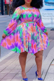 Red Casual Print Patchwork O Neck Cake Skirt Plus Size Dresses