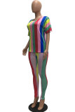 Black yellow Fashion Casual adult Striped Patchwork Print contrast color Two Piece Suits pencil Short Sleeve Two Pieces