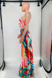 Multicolor Fashion Sexy Print Bandage Hollowed Out Backless Halter Long Dress