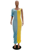 Pink Fashion Casual adult White Pink Yellow Light Blue purple Off The Shoulder Short Sleeves one shoulder collar Asymmetrical Ankle-Length Print Patchwork Colouring Draped split asymmetrical Dresses