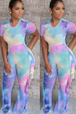 Light Blue Milk Silk Fashion adult Ma'am Street Patchwork Print Two Piece Suits Straight Short Sleeve Two Pieces
