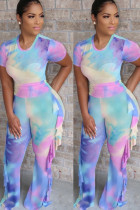 Light Blue Milk Silk Fashion adult Ma'am Street Patchwork Print Two Piece Suits Straight Short Sleeve Two Pieces