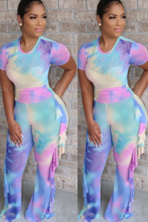 Light Blue Milk Silk Fashion adult Ma'am Street Patchwork Print Two Piece Suits Straight Short Sleeve Two Pieces