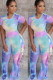 Light Blue Milk Silk Fashion adult Ma'am Street Patchwork Print Two Piece Suits Straight Short Sleeve Two Pieces