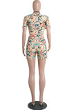 Red Sexy Fashion Patchwork Print Straight Short Sleeve Two-Piece Short Set