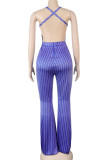 Blue Fashion Sexy Striped Sleeveless V Neck Jumpsuits