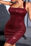 Burgundy Fashion Sexy Patchwork Bandage Sequins Backless Spaghetti Strap Sleeveless Dress