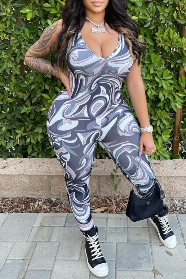 Multicolor Fashion Sexy Print Basic V Neck Skinny Jumpsuits